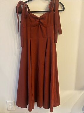 Rust Midi Tie-Shoulder Dress with Sweetheart Bodice